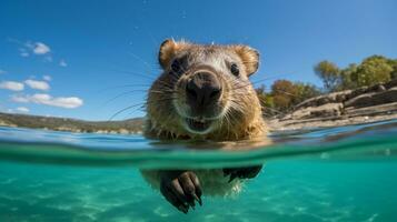 foto de un quokka debajo azul cielo. generativo ai