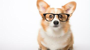 Photo of a Pembroke Welsh Corgi dog using eyeglasses isolated on white background. Generative AI