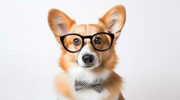 Photo of a Pembroke Welsh Corgi dog using eyeglasses isolated on white background. Generative AI