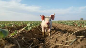 Photo of a Pig in the Farmland. Generative AI