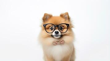 Photo of a Pomeranian dog using eyeglasses isolated on white background. Generative AI