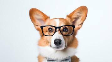 Photo of a Pembroke Welsh Corgi dog using eyeglasses isolated on white background. Generative AI