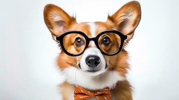 Photo of a Pembroke Welsh Corgi dog using eyeglasses isolated on white background. Generative AI