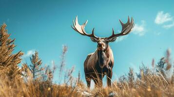 Photo of a Moose under Blue Sky. Generative AI