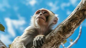 Photo of a Monkey under Blue Sky. Generative AI