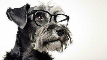 Photo of a Miniature Schnauzer dog using eyeglasses isolated on white background. Generative AI