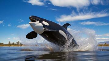 Photo of a Killer Whale under Blue Sky. Generative AI