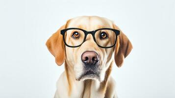 Photo of a Labrador Retriever dog using eyeglasses isolated on white background. Generative AI