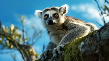 Photo of a Lemur under Blue Sky. Generative AI