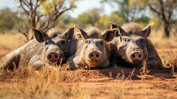 Photo of a herd of Warthog resting in an open area on the Savanna. Generative AI