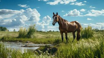 Photo of a Horse in the Farmland. Generative AI