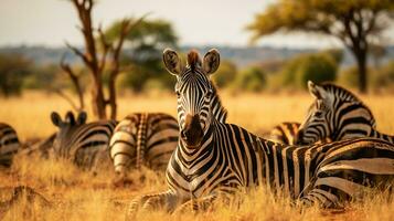 Photo of a herd of Zebra resting in an open area on the Savanna. Generative AI