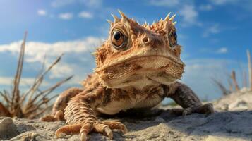 Photo of a Horned Toad in a Desert with blue sky. Generative AI
