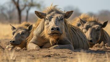 Photo of a herd of Warthog resting in an open area on the Savanna. Generative AI