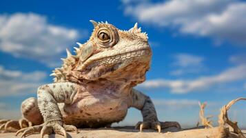 Photo of a Horned Toad under Blue Sky. Generative AI