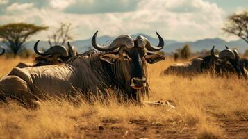 Photo of a herd of Wildebeest resting in an open area on the Savanna. Generative AI