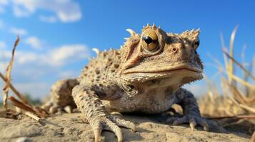 Photo of a Horned Toad under Blue Sky. Generative AI