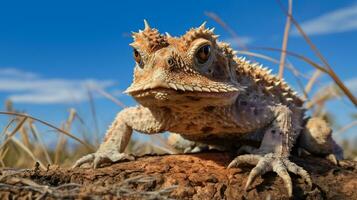 Photo of a Horned Toad under Blue Sky. Generative AI