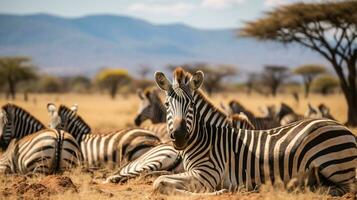 Photo of a herd of Zebra resting in an open area on the Savanna. Generative AI