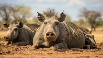 Photo of a herd of Warthog resting in an open area on the Savanna. Generative AI