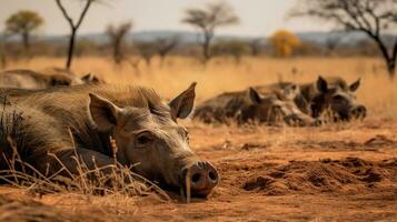 Photo of a herd of Warthog resting in an open area on the Savanna. Generative AI