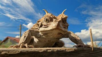 Photo of a Horned Toad in a Desert with blue sky. Generative AI