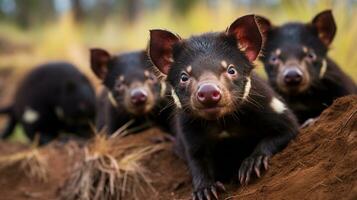 Photo of a herd of Tasmanian Devil resting in an open area on the Savanna. Generative AI