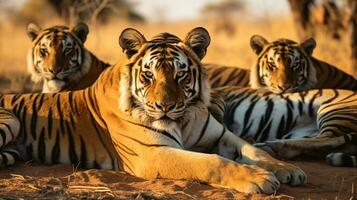 Photo of a herd of Tiger resting in an open area on the Savanna. Generative AI