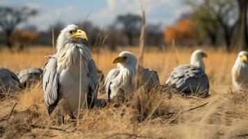 Photo of a herd of Secretary Bird resting in an open area on the Savanna. Generative AI
