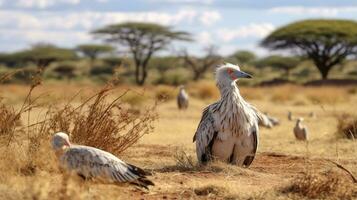 Photo of a herd of Secretary Bird resting in an open area on the Savanna. Generative AI
