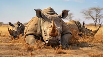 Photo of a herd of Rhinoceros resting in an open area on the Savanna. Generative AI