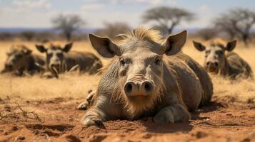 Photo of a herd of Warthog resting in an open area on the Savanna. Generative AI