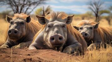 Photo of a herd of Warthog resting in an open area on the Savanna. Generative AI