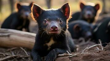 Photo of a herd of Tasmanian Devil resting in an open area on the Savanna. Generative AI