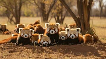 Photo of a herd of Red Panda resting in an open area on the Savanna. Generative AI