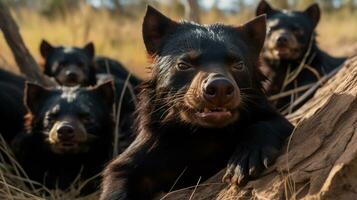 Photo of a herd of Tasmanian Devil resting in an open area on the Savanna. Generative AI