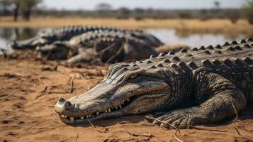 Photo of a herd of Nile Crocodile resting in an open area on the Savanna. Generative AI