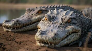 Photo of a herd of Nile Crocodile resting in an open area on the Savanna. Generative AI