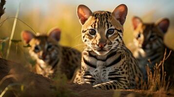 Photo of a herd of Ocelot resting in an open area on the Savanna. Generative AI