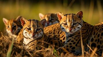 Photo of a herd of Ocelot resting in an open area on the Savanna. Generative AI