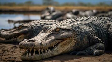 Photo of a herd of Nile Crocodile resting in an open area on the Savanna. Generative AI