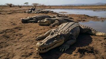 Photo of a herd of Nile Crocodile resting in an open area on the Savanna. Generative AI