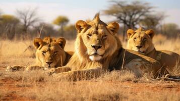 Photo of a herd of Lion resting in an open area on the Savanna. Generative AI