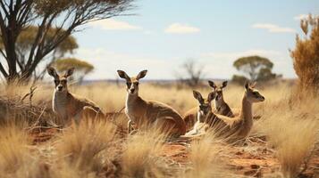 Photo of a herd of Kangaroo resting in an open area on the Savanna. Generative AI