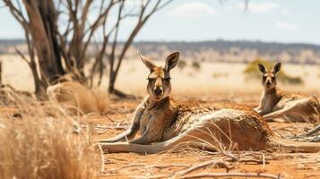 Photo of a herd of Kangaroo resting in an open area on the Savanna. Generative AI