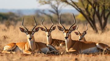 Photo of a herd of Impala resting in an open area on the Savanna. Generative AI