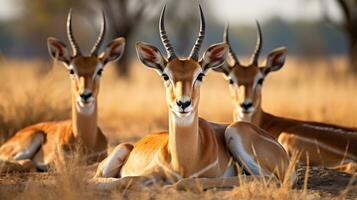 Photo of a herd of Impala resting in an open area on the Savanna. Generative AI