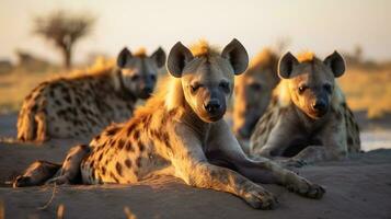 Photo of a herd of Hyena resting in an open area on the Savanna. Generative AI