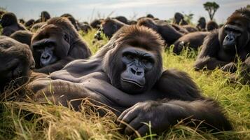Photo of a herd of Gorilla resting in an open area on the Savanna. Generative AI