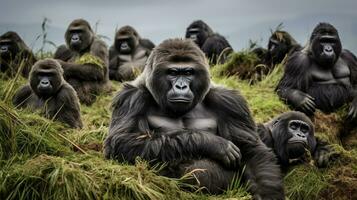 Photo of a herd of Gorilla resting in an open area on the Savanna. Generative AI
